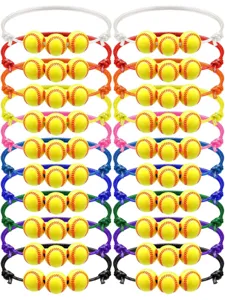 Detailed view of 24 pieces colorful braided softball charm bracelets stackable sports jewelry set for fans.