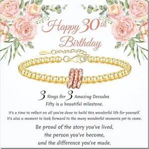 Gold bead bracelet with three interlocking rings on happy 30th birthday greeting card.
