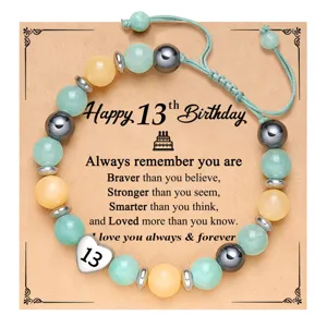 Beaded birthday bracelet with 13th birthday backing card, adjustable braided cord design.