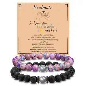 Couple imperial jasper volcanic rock moonstone beaded bracelets romantic gift details.