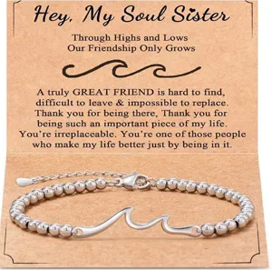 Stainless steel wave bead bracelet with sister message card, adjustable clasp jewelry.