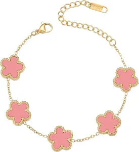 Gold stainless steel pink clover charm bracelet fashion jewelry for women gifts.