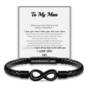 Detailed view of black braided leather bracelet with magnetic infinity clasp and romantic card.