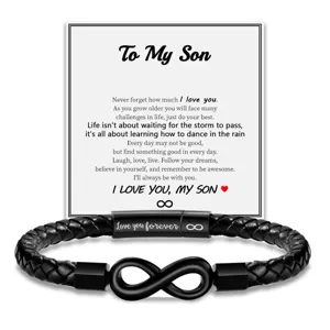 Men stainless steel braided leather bracelet with infinity magnetic clasp and son card.