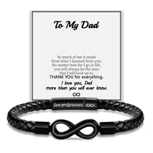 Men's black braided leather bracelet with infinity symbol and stainless steel magnetic clasp.