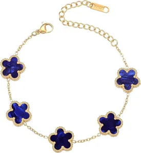 Gold stainless steel blue clover flower bracelet, elegant 18KGP jewelry detail design for women.