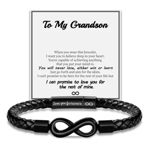 Men's braided leather bracelet featuring infinity symbol and gift card for grandson.