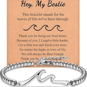 Stainless Steel Wave Bead Bracelet Adjustable Lobster Clasp Friendship Sister Beach Charm Jewelry Gift For Women