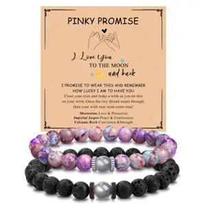 Imperial jasper and volcanic rock couple beaded bracelet set with moonstone charm for gift.