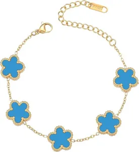 Gold titanium steel blue flower clover bracelet fashion charm jewelry for women daily wear