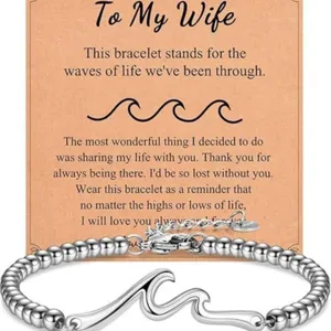 Stainless steel wave bead bracelet with message card for wife, elegant silver jewelry gift.