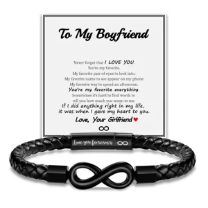 Men's stainless steel leather bracelet detail showcasing braided band, magnetic clasp, and romantic card.