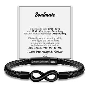 Men's black braided leather bracelet with stainless steel magnetic infinity clasp gift.