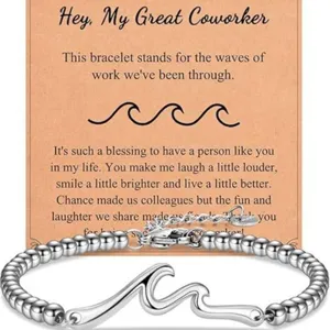 Stainless steel wave beaded bracelet with card packaging, adjustable lobster clasp.