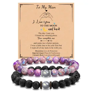 Natural Stone Couple Bracelet Volcanic Stone Imperial Stone Moonstone Beaded Bangle Valentine Day Gift Jewelry