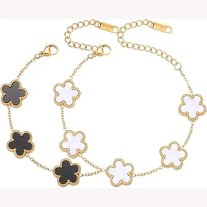 Gold titanium steel bracelet with black white flower clover mother of pearl charm elegant jewelry