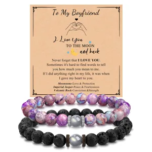 Close-up detail of natural stone couples bracelet set featuring imperial jasper and volcanic beads.