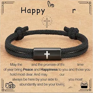 Men's black braided rope bracelet with stainless steel cross pendant, stylish faith jewelry.