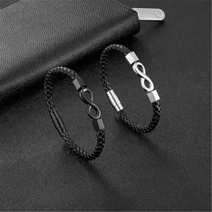 Men black braided leather bracelet with infinity symbol and magnetic clasp jewelry.
