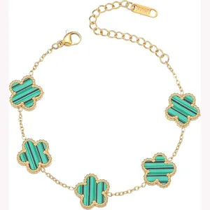 Gold titanium steel clover bracelet for women, fashion stainless steel malachite style jewelry