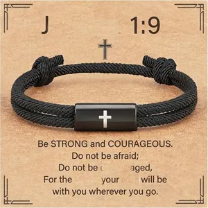 Handmade Woven Milan Rope Stainless Steel Cross Faith Bracelet Men Casual Religious Jewelry Gift