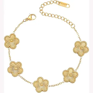 Gold stainless steel flower clover bracelet for women fashion charm jewelry accessory