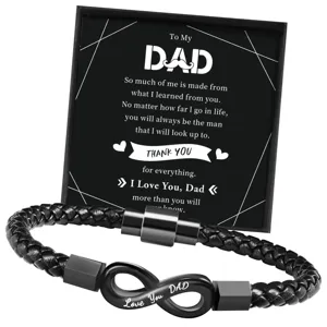 Men's stainless steel braided leather bracelet with infinity charm and magnetic clasp gift.