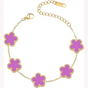 Gold stainless steel purple flower bracelet main view, stylish clover chain jewelry for women.
