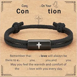 Handmade braided Milan rope bracelet with stainless steel rectangular cross faith detail view.