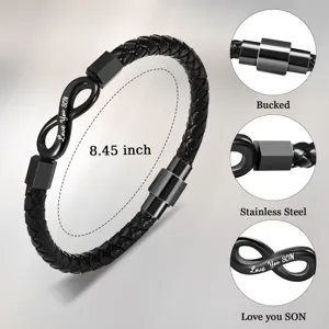 Men black braided leather bracelet with infinity charm and stainless steel magnetic clasp 8.45 inch