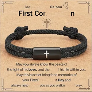 Handmade woven black rope stainless steel cross bracelet for men faith religious jewelry