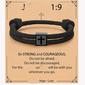 Handmade woven nylon rope bracelet featuring a black stainless steel cross charm for men.