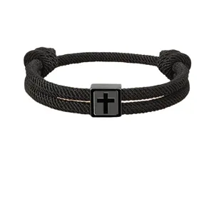 Handmade woven black Milan rope bracelet with stainless steel square cross charm for men