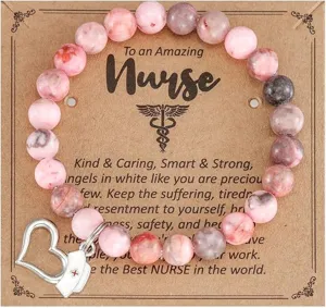 Pink Imperial Jasper Stone Nurse Bracelet with Heart Cap Pendant Appreciation Gift