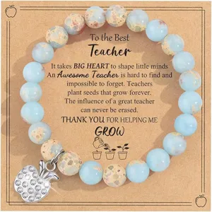 Teacher appreciation beaded bracelet with rhinestone apple pendant and inspirational card gift.