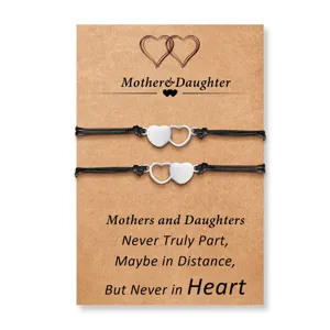 Bracelet en Corde de Amitié Mère Fille en Cœur en Acier Inoxydable Carte Réglable Bracelet Cœur Femmes Bijoux