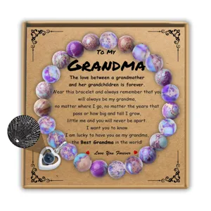 Imperial jasper beaded bracelet with heart projection pendant and sweet grandma message card gift.