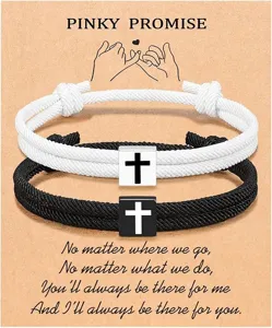 Matching couple braided rope bracelets with cross charms on display card, sweet gift.