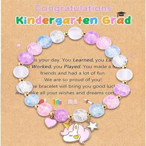Children graduation crystal beaded bracelet with cute unicorn charm and greeting card detail.