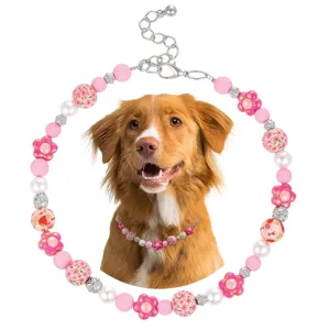 Cute candy color pet dog cat necklace pearl floral beaded collar accessory for cute pets