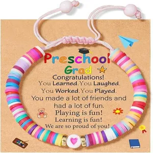 Detailed shot of colorful polymer clay bead graduation bracelet on greeting card.