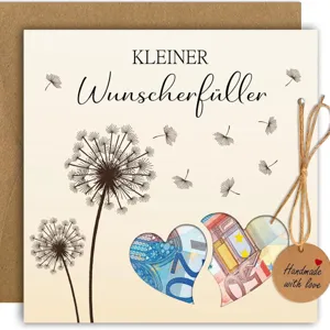 Folding greeting card money holder gift with envelope, dandelion pattern design for celebrations.