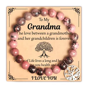 Rhodonite beaded bracelet with tree of life charm, perfect mother's day gift for grandma.