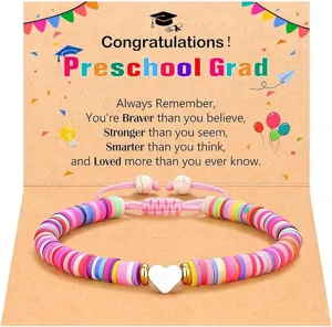 Colorful clay beads preschool grad bracelet with inspirational graduation card gift for kids.