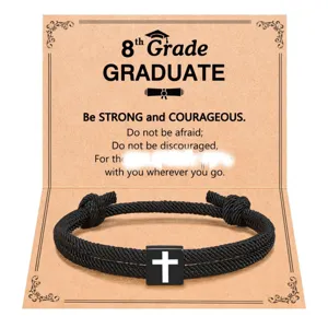 Black braided cord cross bracelet for graduation gift, minimalist religious jewelry for men.