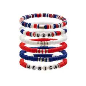 Set di bracciali in perline di ceramica morbida rosso bianco blu con lettere USA e MERICA da donna
