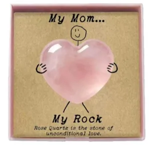 Natural rose quartz heart stone gift box with cute greeting card for mom. Perfect love gift.
