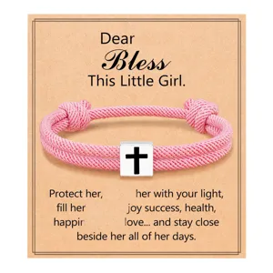 Pink woven rope bracelet with cross cube charm on blessing card for girls fashion gift