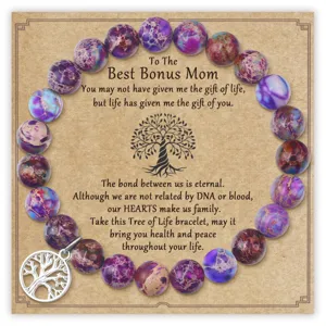 Mother's Day purple imperial jasper bead bracelet with silver tree of life charm and card.