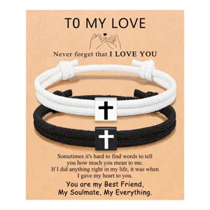 Couple braided rope bracelets set with cross square charms on love message card gift